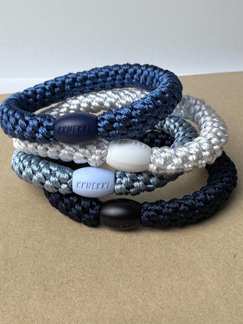 NWT 4 KKNEKKI Authentic Original Hair Ties Elastics in Deeper Blues & White